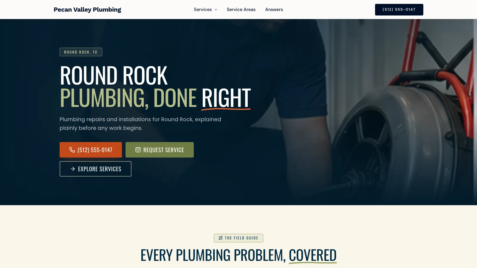 The Pecan Valley Plumbing homepage built by Rule & Form